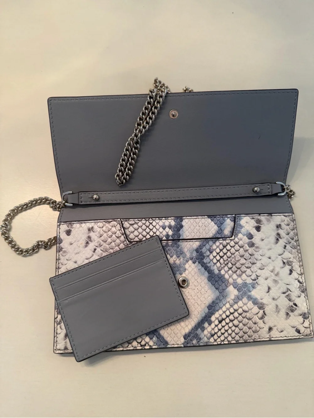 kate spade White and Blue Snake-Print Chain Crossbody